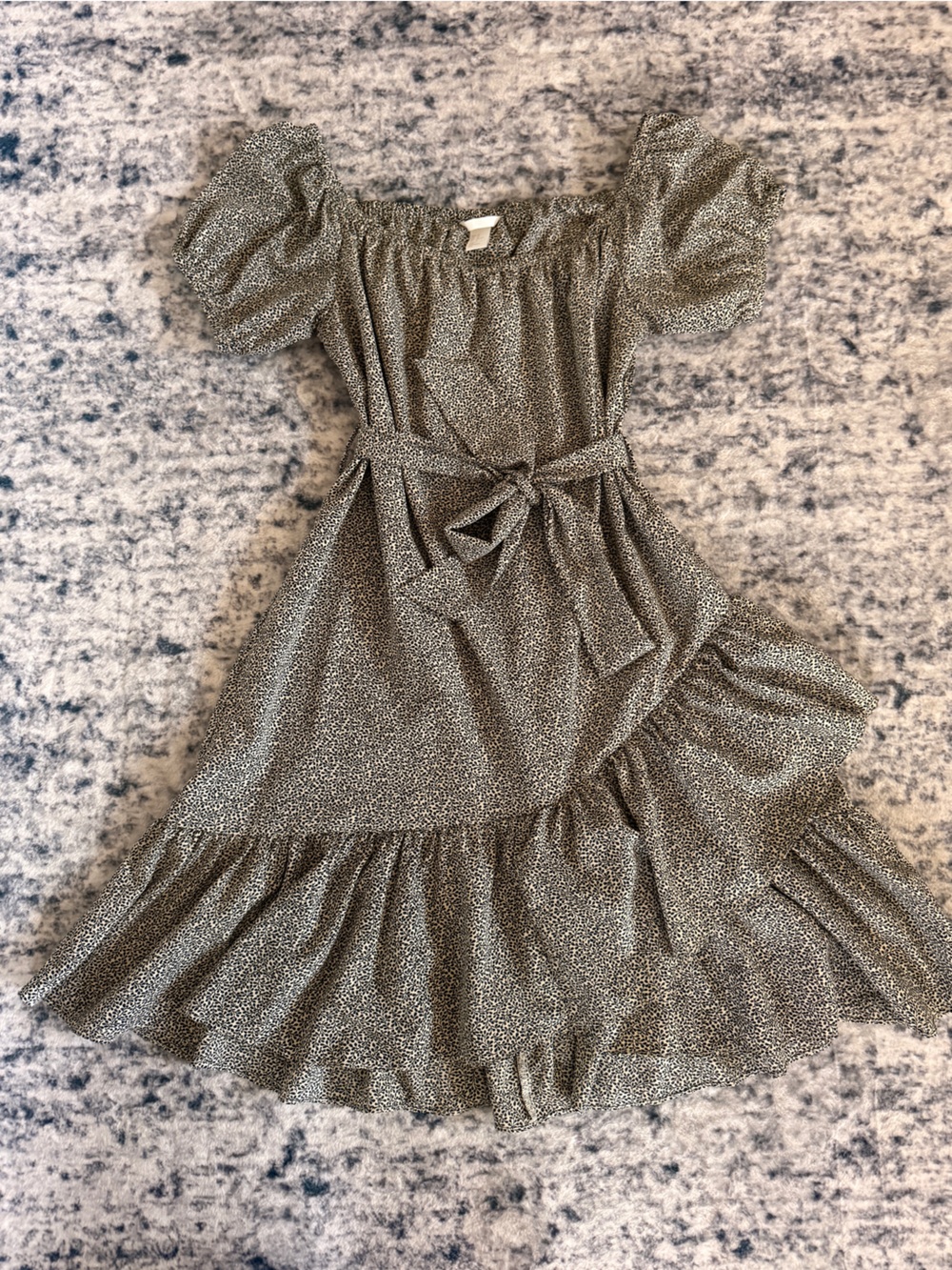 H&M Olive Green Puff Sleeve Tiered Midi Dress with Waist Tie